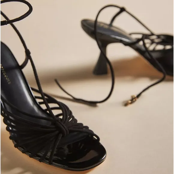 New Caverley x Anthropologie Norman Heel Cow Satin 7 Black White Leather Strappy