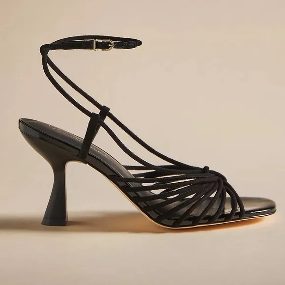 New Caverley x Anthropologie Norman Heel Cow Satin 7 Black White Leather Strappy
