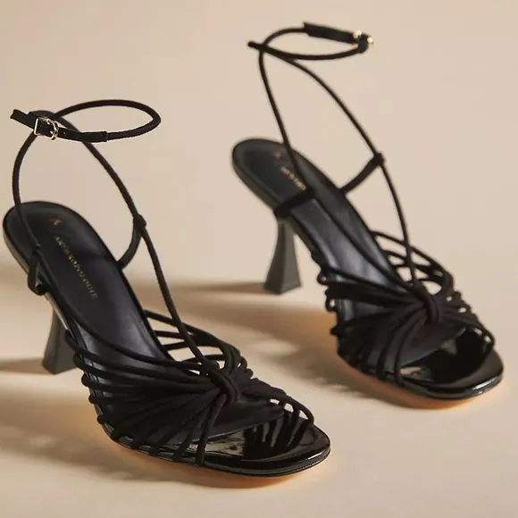 New Caverley x Anthropologie Norman Heel Cow Satin 7 Black White Leather Strappy