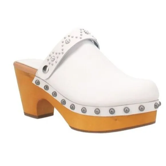 NEW! Dingo Deadwood Clog Mules White Leather Studded Shoes Women's Size 8
