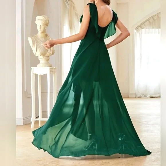 NEW Flowy Chiffon Wrap High Low Maxi Dress Dark Green
