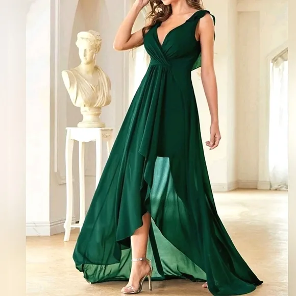 NEW Flowy Chiffon Wrap High Low Maxi Dress Dark Green