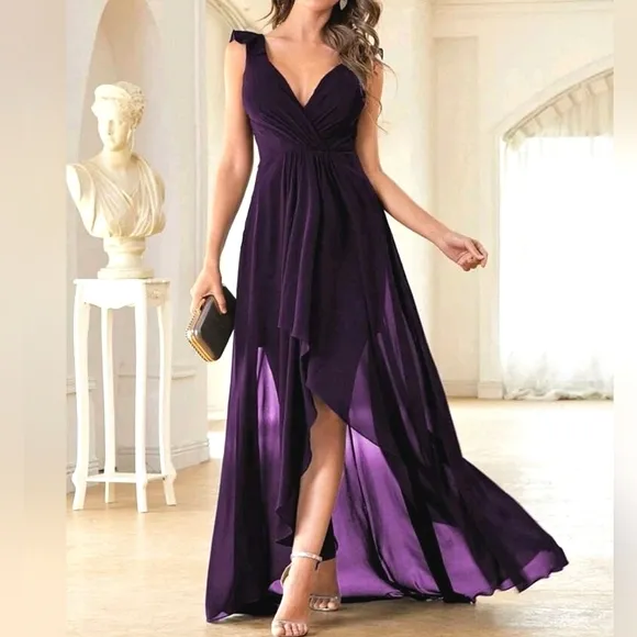 NEW Flowy Chiffon Wrap High Low Maxi Dress Purple