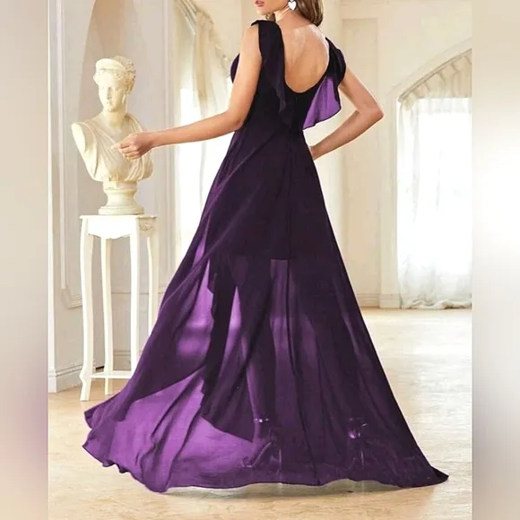 NEW Flowy Chiffon Wrap High Low Maxi Dress Purple