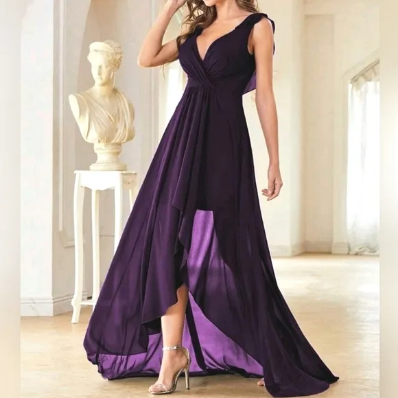 NEW Flowy Chiffon Wrap High Low Maxi Dress Purple