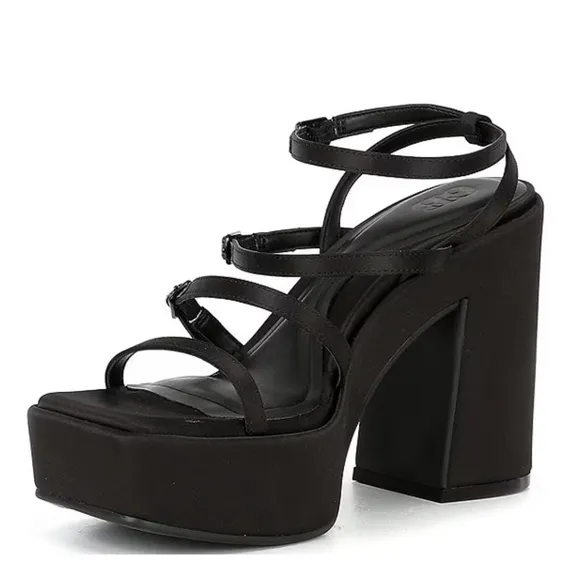 NEW GB Gianni Bini Drama-Queen Y2K Satin Strappy Platform Dress Sandals in Black