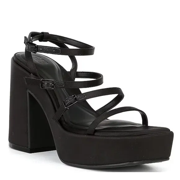 NEW GB Gianni Bini Drama-Queen Y2K Satin Strappy Platform Dress Sandals in Black