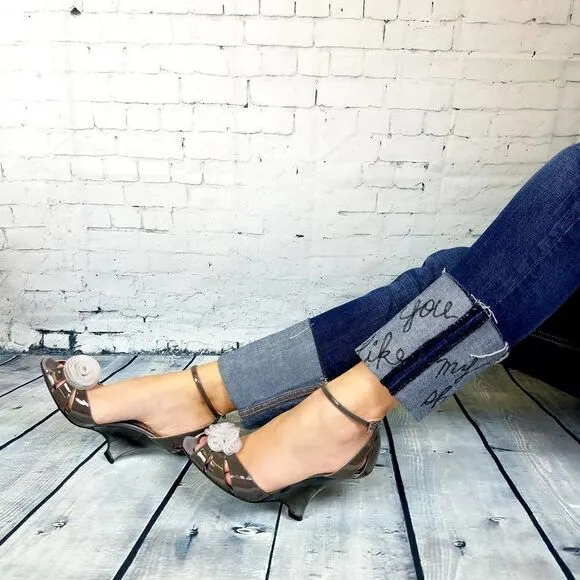 New Giorgio Armani Women High Heel Shoes Gray Patent Leather  Wedge Sandals 9.5