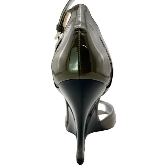 New Giorgio Armani Women High Heel Shoes Gray Patent Leather  Wedge Sandals 9.5