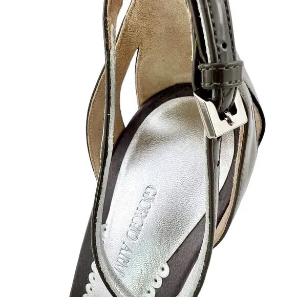 New Giorgio Armani Women High Heel Shoes Gray Patent Leather  Wedge Sandals 9.5