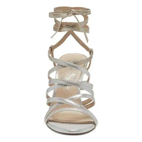 NEW Jessica Simpson Jexilla Champagne Metallic Heel Lace Up Ankle Strap Sandals