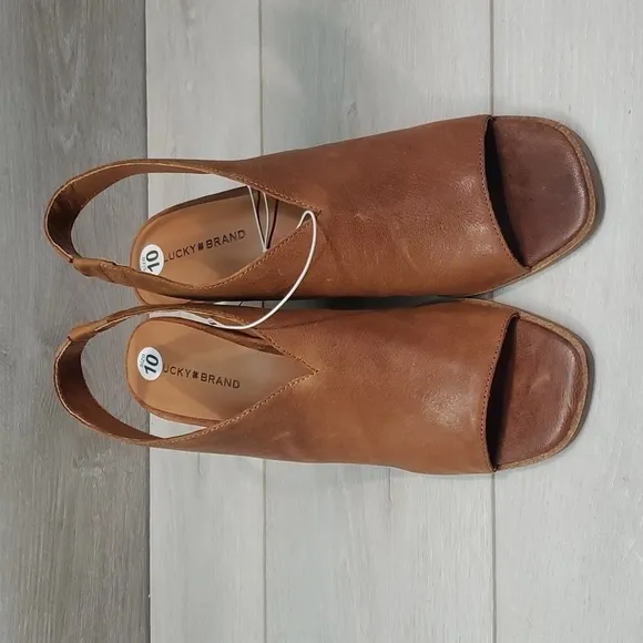 NEW Lucky Brand Womens Lordyn Open Toe Leather Wedge Ankle Shoes sz 10