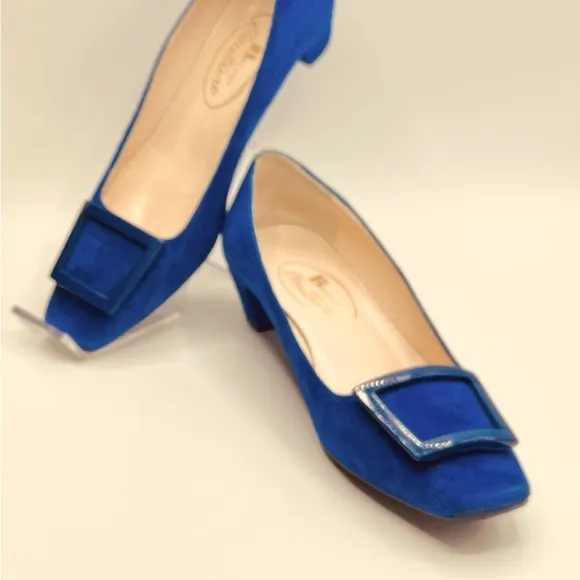 New Luxury Italian Brown Couture Blue 1” Heel Suede W/Buckle Size 36.5, US 6