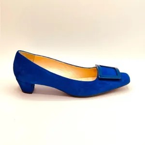 New Luxury Italian Brown Couture Blue 1” Heel Suede W/Buckle Size 36.5, US 6