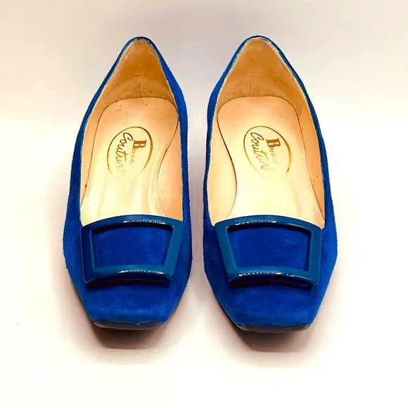 New Luxury Italian Brown Couture Blue 1” Heel Suede W/Buckle Size 36.5, US 6