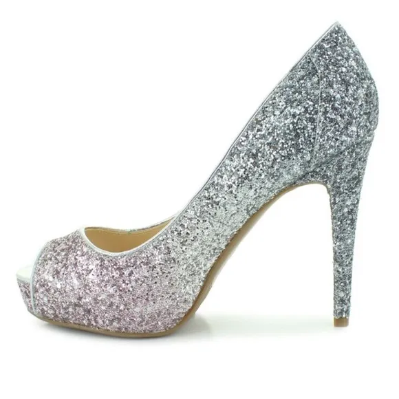 NEW MARC FISHER HARPYLY Bedazzled GLITTERY SPARKLING Silver Ombré HEELS