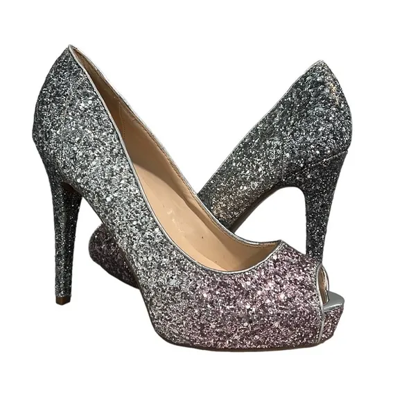 NEW MARC FISHER HARPYLY Bedazzled GLITTERY SPARKLING Silver Ombré HEELS