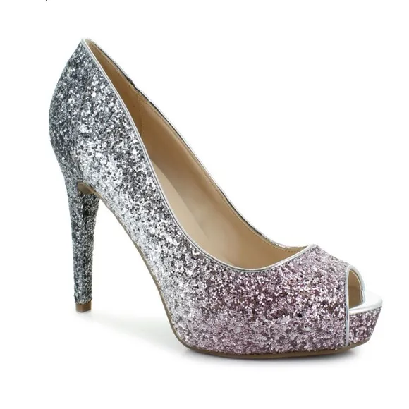 NEW MARC FISHER HARPYLY Bedazzled GLITTERY SPARKLING Silver Ombré HEELS