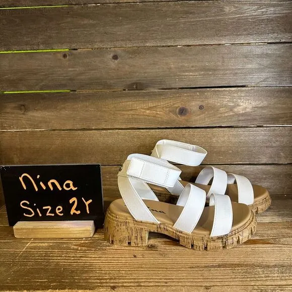 New NIB Big‎ Kids Nina Seri White Canvas Strappy Ankle Strap Sandals Size 2 Y