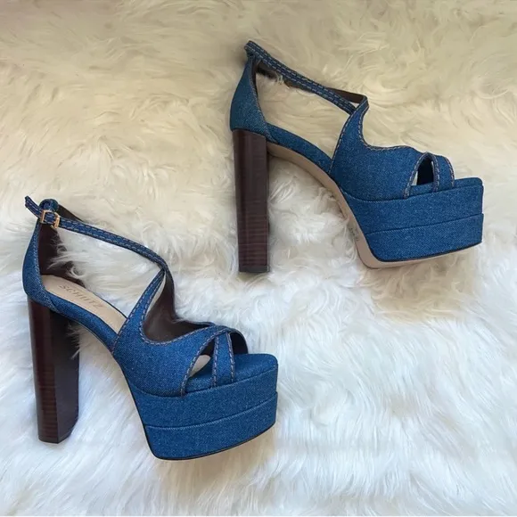 New! Rare SCHUTZ Latifah Denim Strappy Platform Sandals