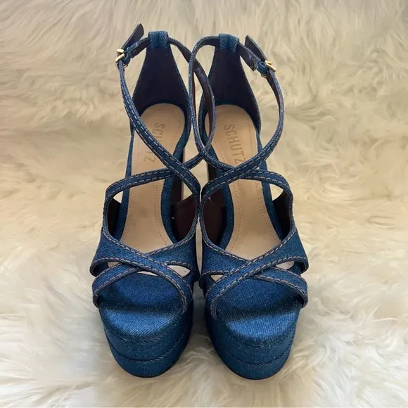 New! Rare SCHUTZ Latifah Denim Strappy Platform Sandals