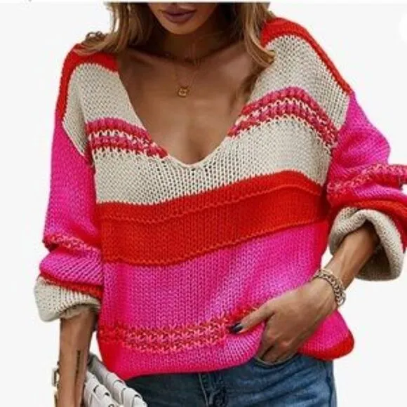 New Rose Color Block Striped Crochet Cable Knit Chunky Slouchy Sweater