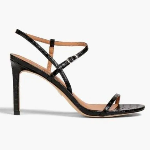 New SAM EDELMAN Metallic Black Doran Croc Leather Strappy Sandals 10 MSRP $182