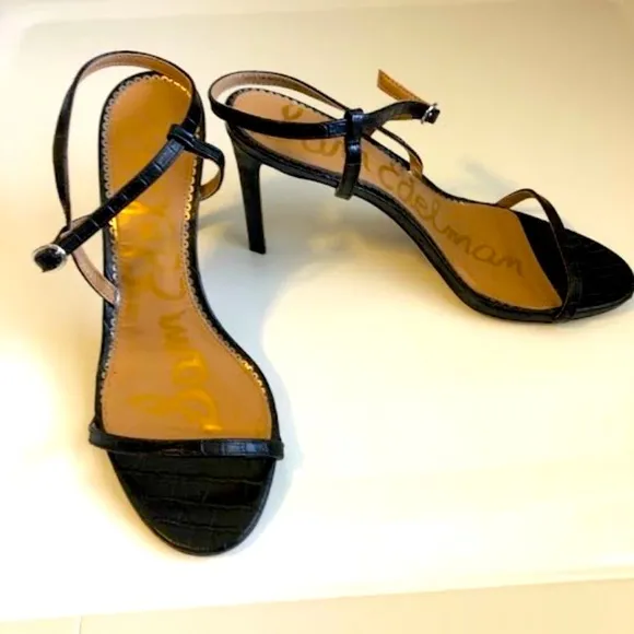New SAM EDELMAN Metallic Black Doran Croc Leather Strappy Sandals 10 MSRP $182