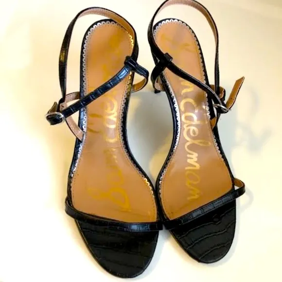 New SAM EDELMAN Metallic Black Doran Croc Leather Strappy Sandals 10 MSRP $182