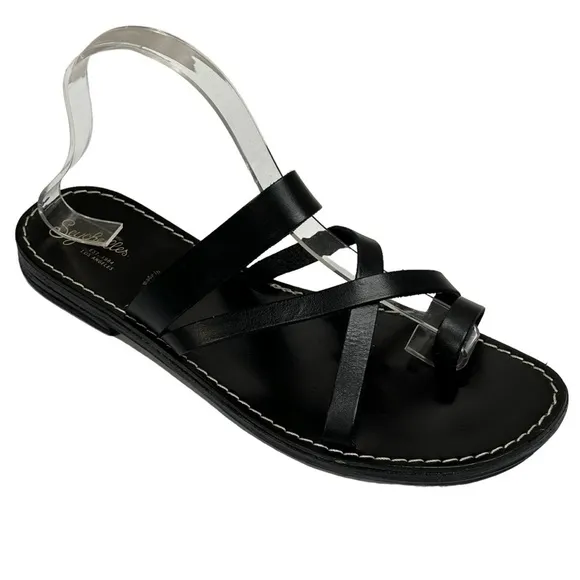 New Seychelles Black Leather Sandals Slip On Strappy Toe Loop 1/2” Heel Size 8