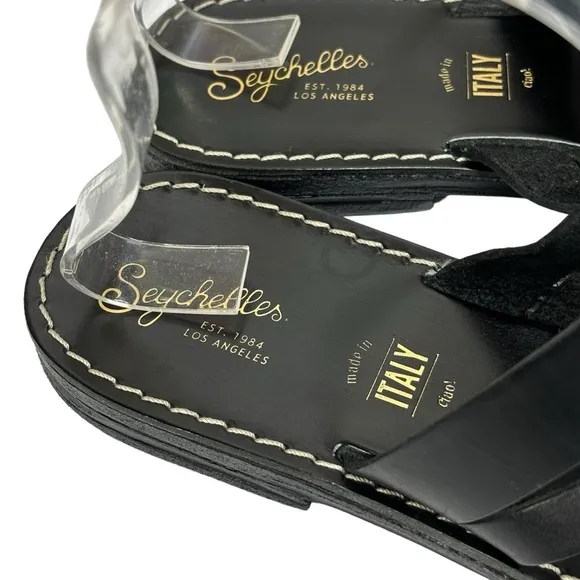 New Seychelles Black Leather Sandals Slip On Strappy Toe Loop 1/2” Heel Size 8