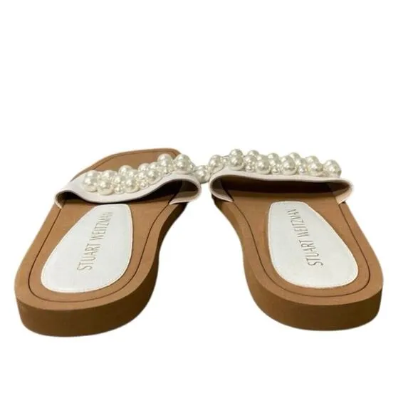 New STUART WEITZMAN Goldie Pearl Embellished White Slide Sandals EU 40 US 9.5