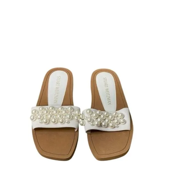 New STUART WEITZMAN Goldie Pearl Embellished White Slide Sandals EU 40 US 9.5