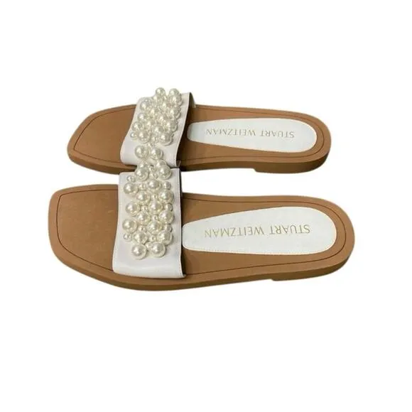 New STUART WEITZMAN Goldie Pearl Embellished White Slide Sandals EU 40 US 9.5