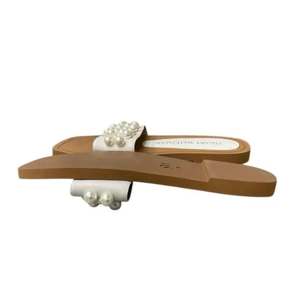 New STUART WEITZMAN Goldie Pearl Embellished White Slide Sandals EU 40 US 9.5