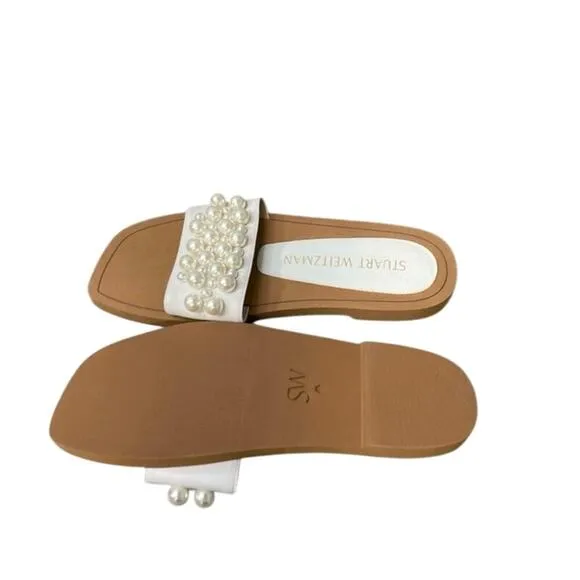 New STUART WEITZMAN Goldie Pearl Embellished White Slide Sandals EU 40 US 9.5