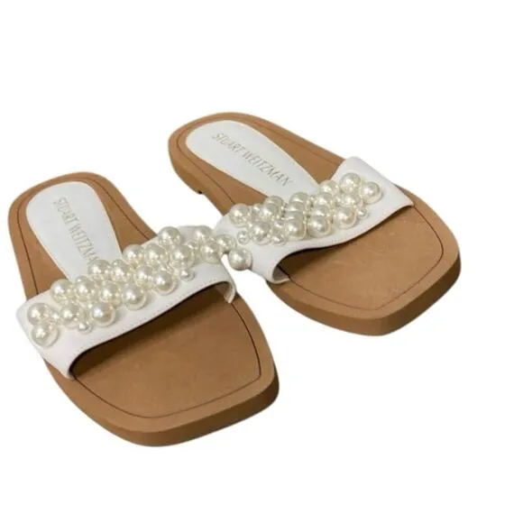 New STUART WEITZMAN Goldie Pearl Embellished White Slide Sandals EU 40 US 9.5