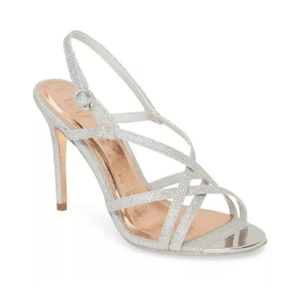 NEW Ted Baker London Theanam Strappy High Heel Silver Sandals / Sz 8 US 38.5 EUR