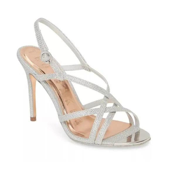 NEW Ted Baker London Theanam Strappy High Heel Silver Sandals / Sz 8 US 38.5 EUR
