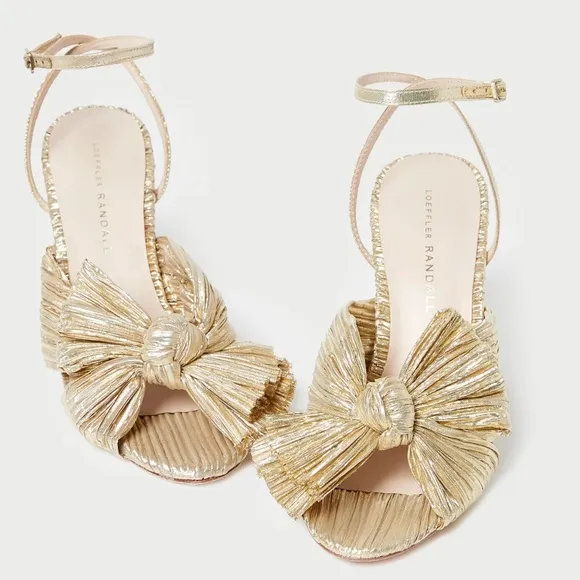 NEW (unworn) Loeffler Randall Gold Camellia Pleated Bow Heel