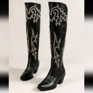 New Vintage Resort Style Embroidered Chunky Heel Cowgirl Western Fashion Boots
