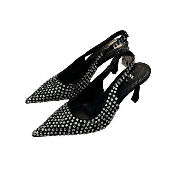 NEW ZARA Women’s Size 6 (36) High-Heel Slingback Shoes With Rhinestones NWT