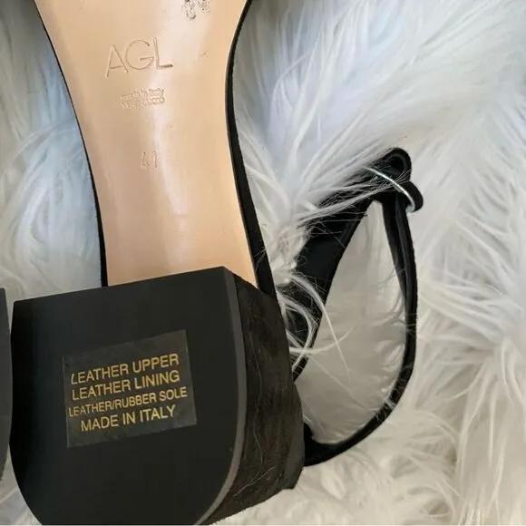 NEW AGL black suede pewter gunmetal leather strappy block heel sandals 41 11