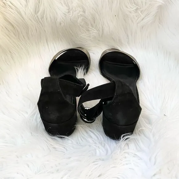 NEW AGL black suede pewter gunmetal leather strappy block heel sandals 41 11