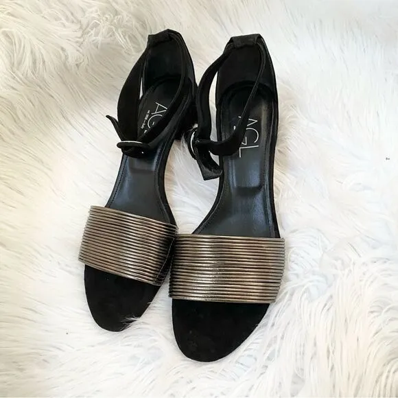 NEW AGL black suede pewter gunmetal leather strappy block heel sandals 41 11
