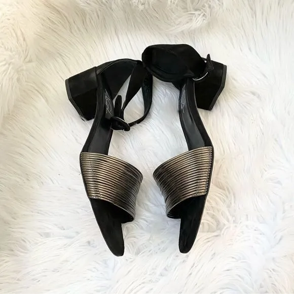 NEW AGL black suede pewter gunmetal leather strappy block heel sandals 41 11
