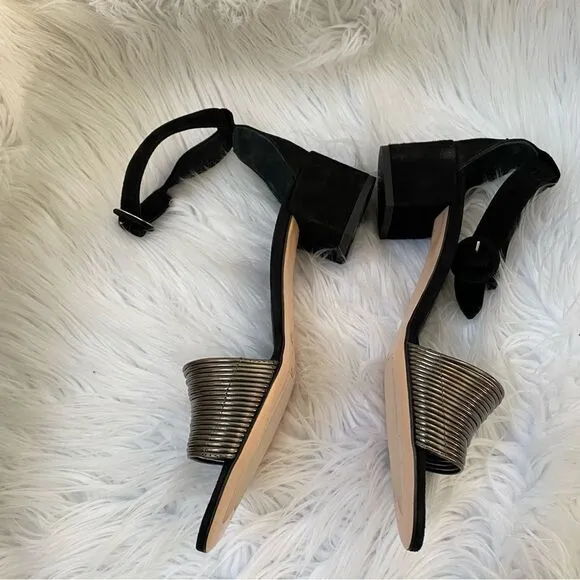 NEW AGL black suede pewter gunmetal leather strappy block heel sandals 41 11