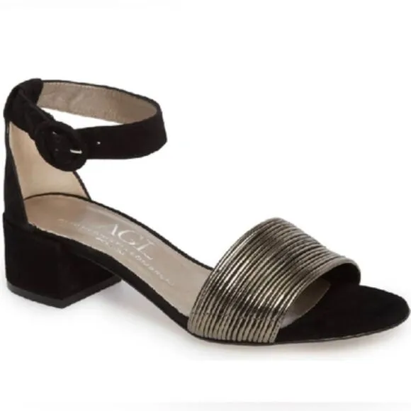 NEW AGL black suede pewter gunmetal leather strappy block heel sandals 41 11