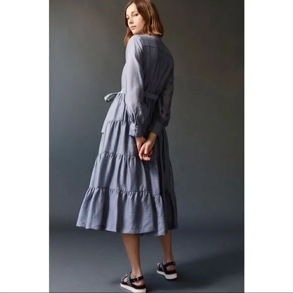 NEW Anthropologie Mare Mare Agosta Puff-Sleeve Belted Tiered Maxi Dress Small