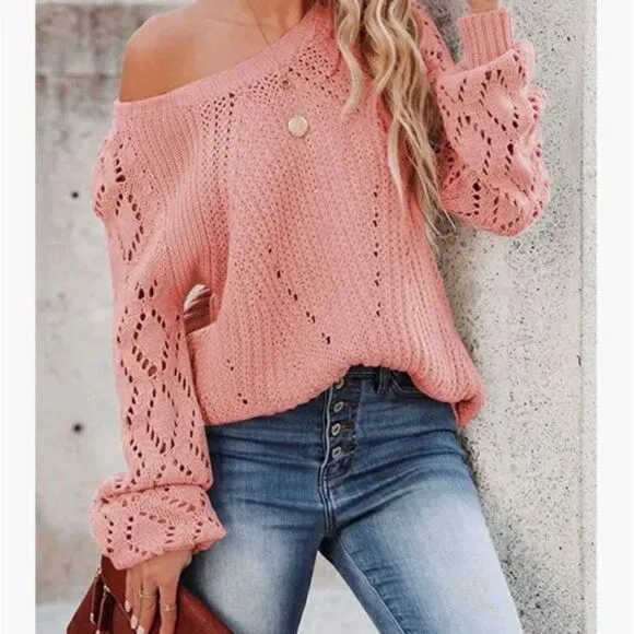 New Crochet Hollow Out Crewneck Knit Sweater Pullover